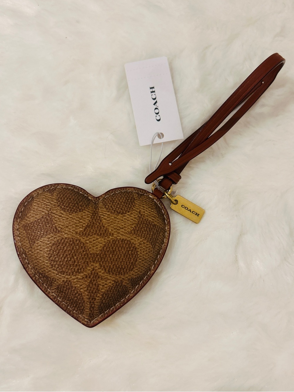 Coach Brown Signature Leather Heart with Gold Hang Tag NWT
